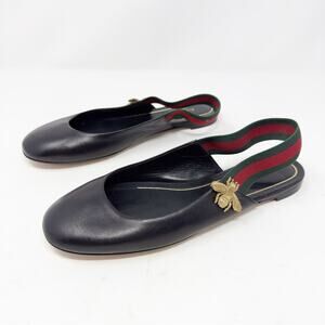 Gucci Bayadere Bee Web Stripe Black Leather Slingback Flats Size 38